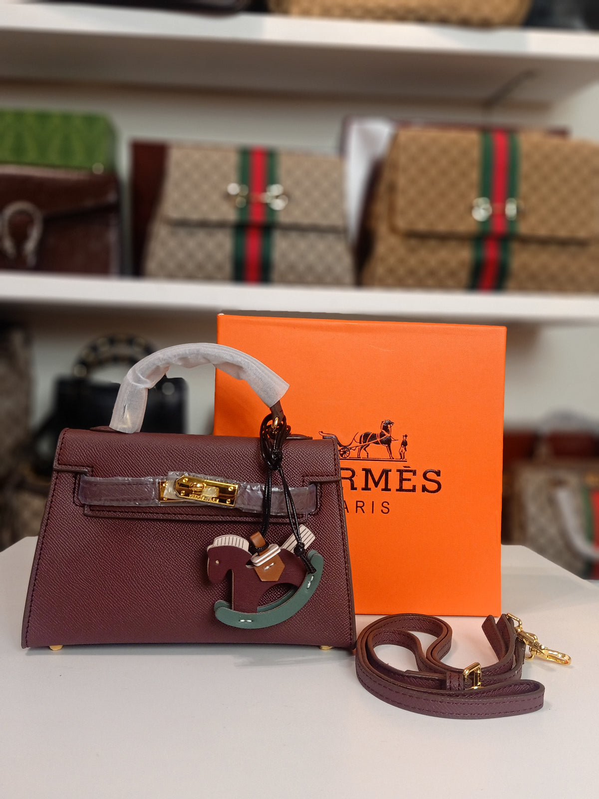 Hermes mini kelly in burgundy