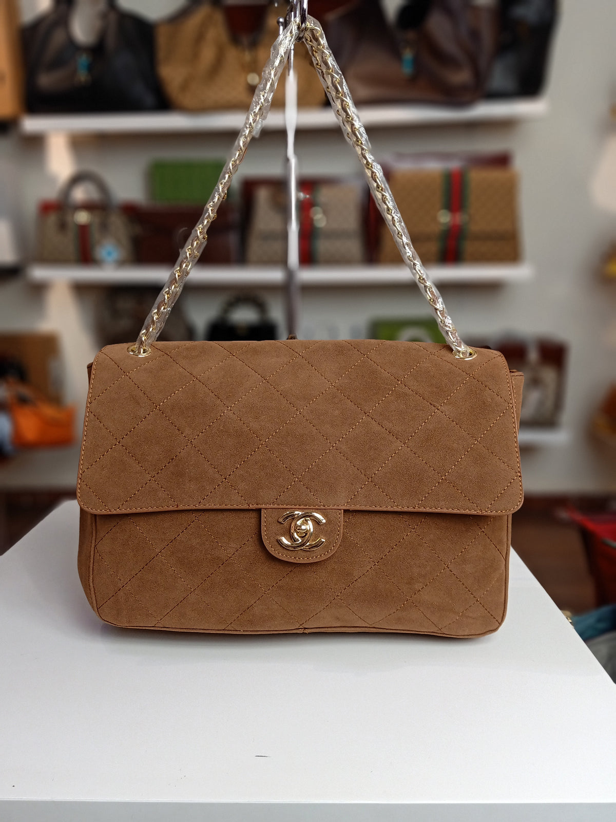 Chanel suede bag in camel